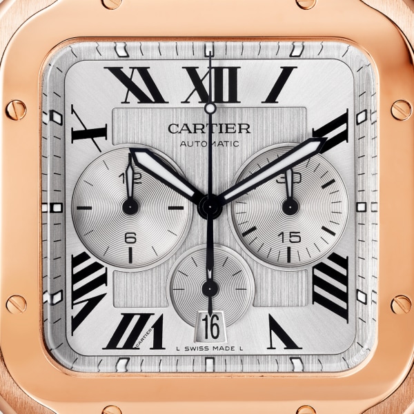 Montre Santos de Cartier Chronographe Modèle extra-large, mouvement automatique, or rose, bracelets cuir et caoutchouc interchangeables
