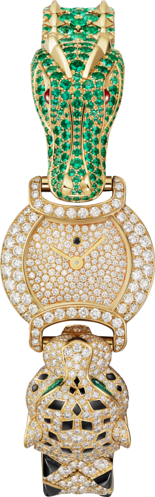 Reloj Indomptables de Cartier22,2 mm, movimiento de cuarzo, oro amarillo, diamantes, esmeraldas, rubíes, espinelas, brazalete de metal
