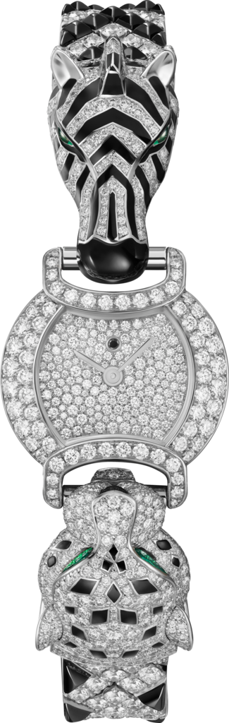 Indomptables de Cartier Watch22.2 mm, quartz movement, rhodium-finish white gold, emeralds, diamonds, spinels, onyx, metal strap