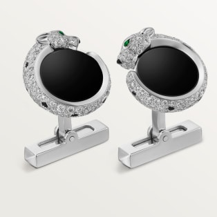 Gemelos Panthère de Cartier Oro blanco rodiado, diamantes, esmeraldas, ónix