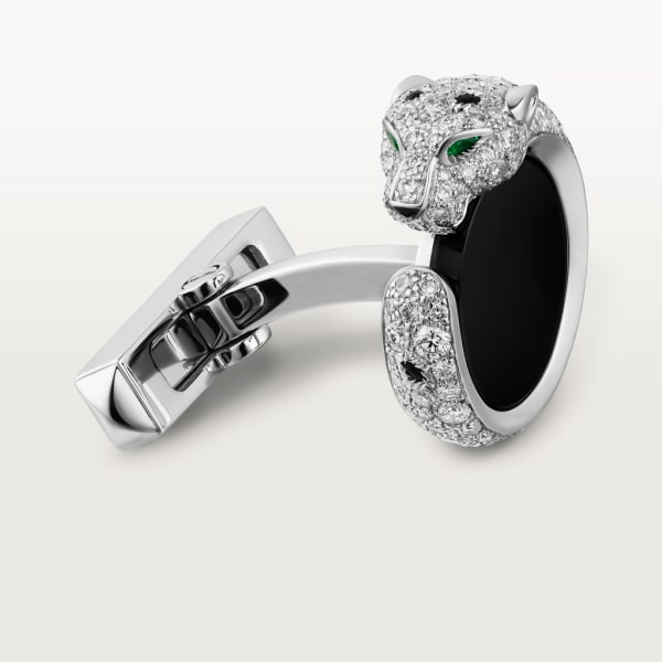 Panthère de Cartier Manschettenknöpfe Rhodiniertes Weißgold, Diamanten, Smaragde, Onyx