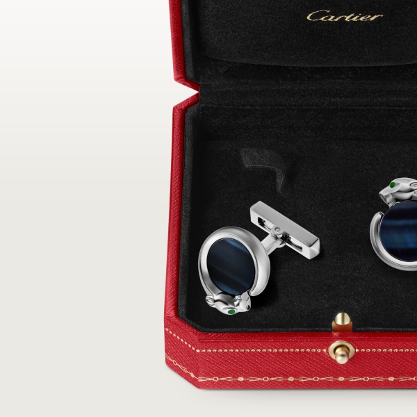 Panthère de Cartier cufflinks Sterling silver, palladium-finish, hawk's eye, lacquer