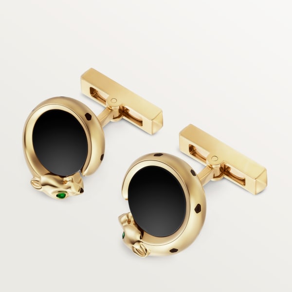 Panthère de Cartier Manschettenknöpfe Gelbgold, Onyx, Tsavorite und schwarzer Lack