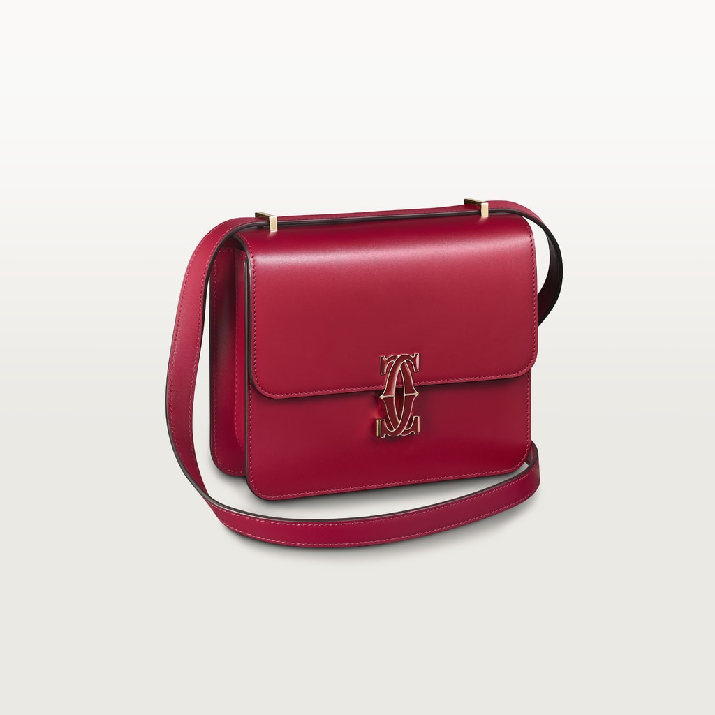 Mini shoulder bag, C de CartierCherry red calfskin, gold and cherry red enamel finish