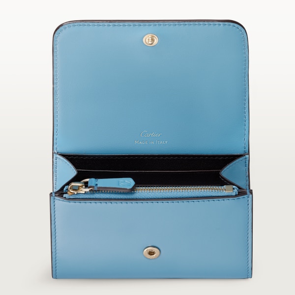 Mini wallet, C de Cartier Capri blue calfskin, golden and Capri blue enamel-finish