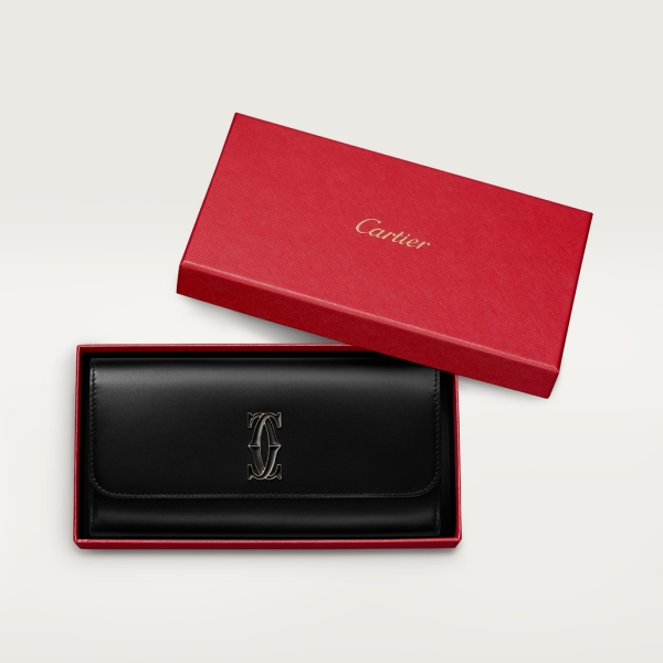 International wallet with flap, C de Cartier Black calfskin, gold and black enamel finish