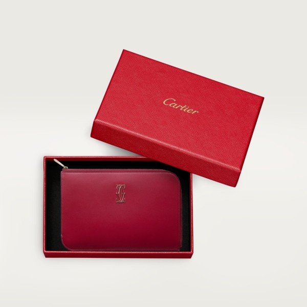 Pouch small model, C de Cartier Cherry red calfskin, golden finish and cherry red enamel