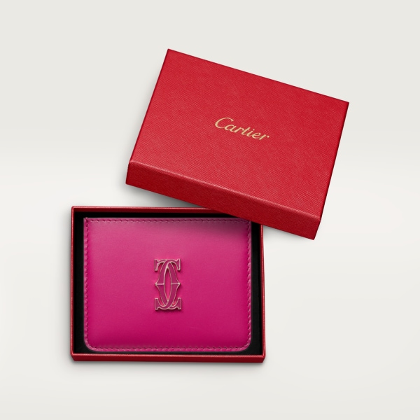 C de Cartier einfaches Kartenetui Kalbsleder in Fuchsia, Gold-Finish und Emaille in Fuchsia