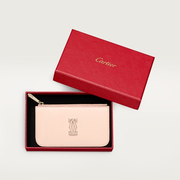 Tarjetero con cremallera, Doble C de Cartier Piel de becerro color rosa empolvado, acabado dorado y esmalte color rosa empolvado