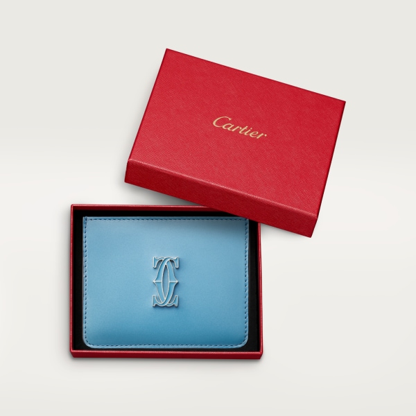 Simple Card Holder, C de Cartier Capri blue calfskin, golden and Capri blue enamel-finish