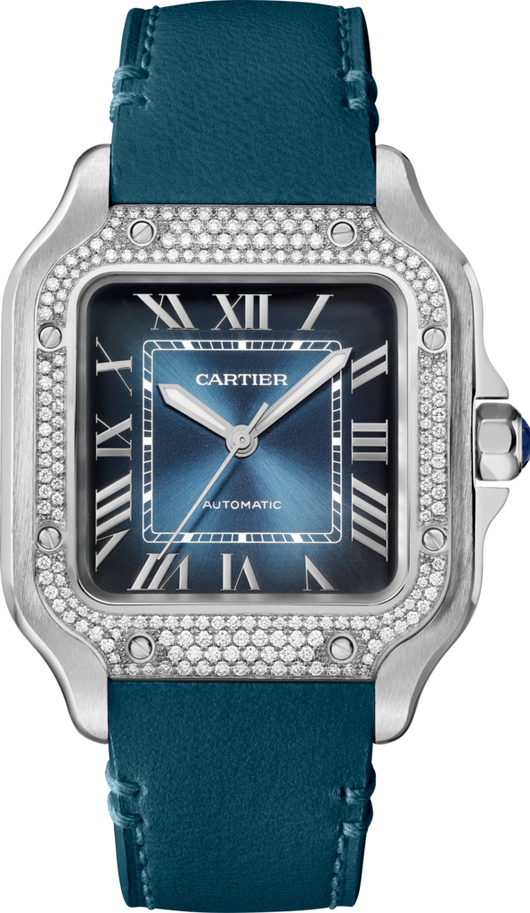 Reloj Santos de CartierTamaño mediano, movimiento automático, acero, diamantes, esfera azul, brazalete de metal y correa de piel intercambiables