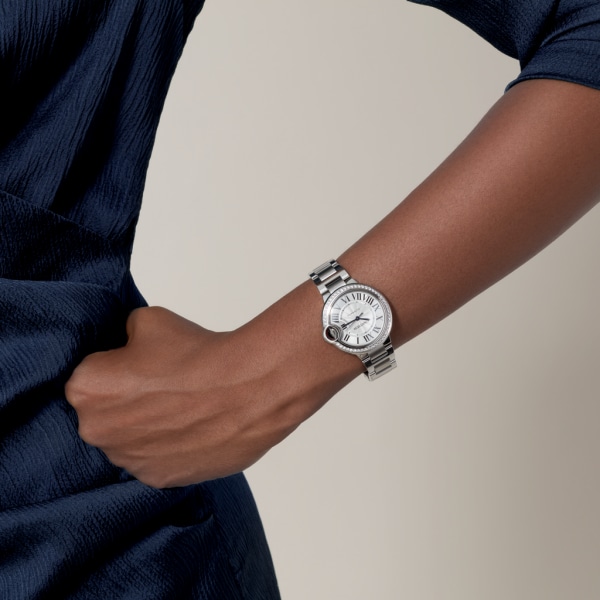 Ballon Bleu de Cartier watch 33mm, automatic movement, steel, diamonds