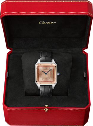 Reloj Santos-Dumont Tamaño extragrande, movimiento mecánico manual, oro rosa, acero, piel, edición limitada de 500 piezas