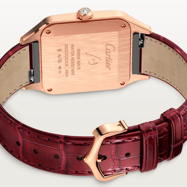 Reloj Santos-Dumont Tamaño grande, movimiento de cuarzo, oro rosa, diamantes, piel