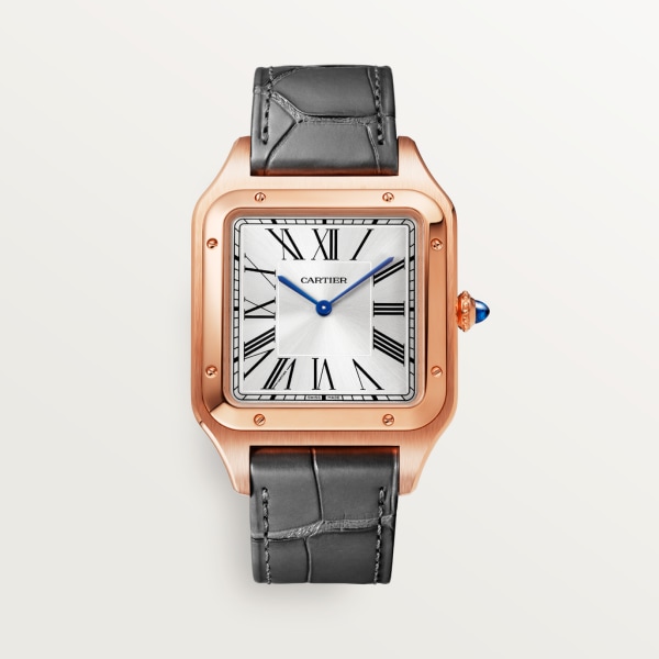 Reloj Santos-Dumont Tamaño extra grande, movimiento mecánico de cuerda manual, oro rosa, piel