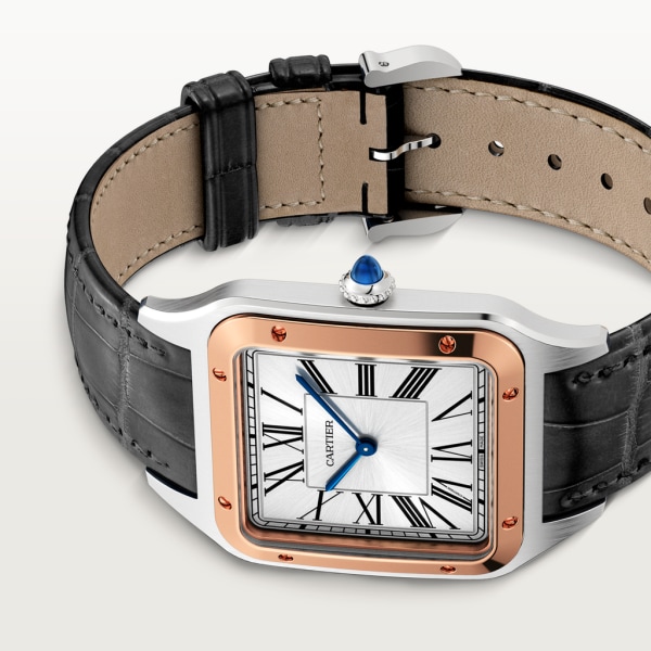 Reloj Santos-Dumont Tamaño extra grande, movimiento mecánico de cuerda manual, oro rosa, acero, piel