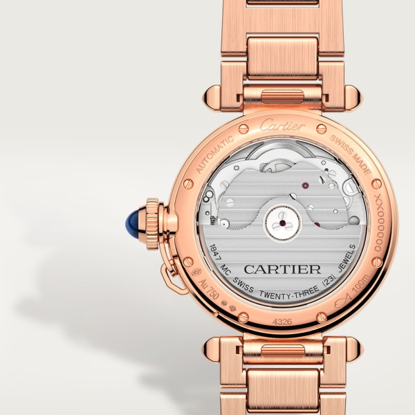 Reloj Pasha de Cartier 35 mm, movimiento automático, oro rosa, diamantes, brazalete de metal y correa de piel intercambiables