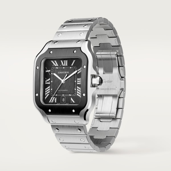 Reloj Santos de Cartier Tamaño grande, movimiento automático, acero, ADLC, brazalete de metal y correa de caucho intercambiables