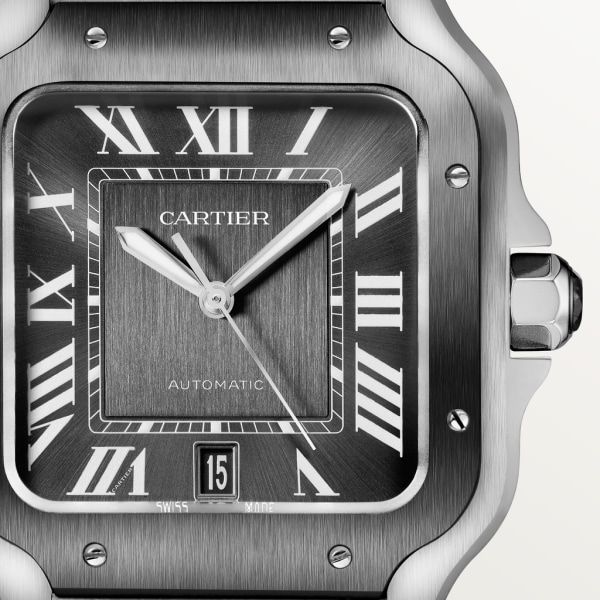 Reloj Santos de Cartier Tamaño grande, movimiento automático, acero, ADLC, brazalete de metal y correa de caucho intercambiables