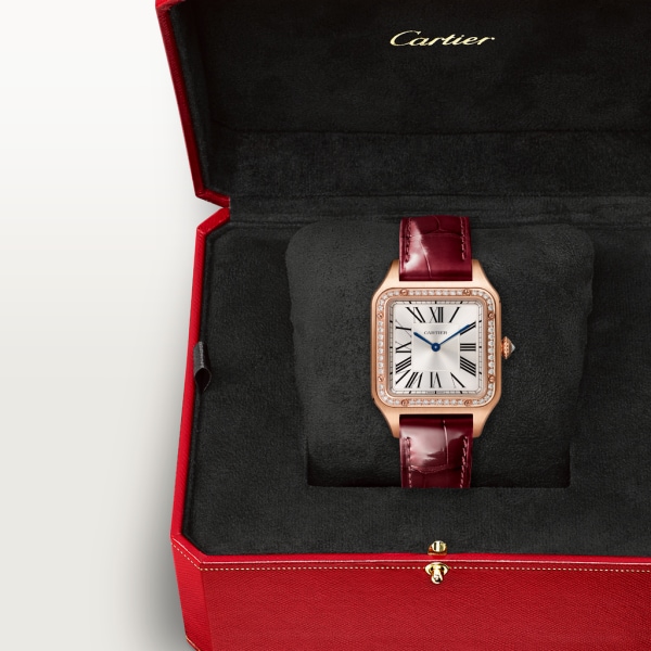 Reloj Santos-Dumont Tamaño grande, movimiento de cuarzo, oro rosa, diamantes, piel