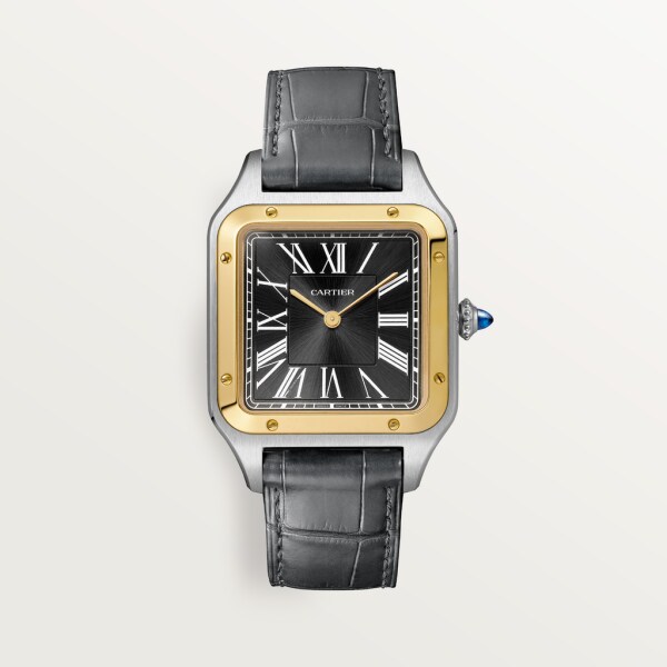 Santos-Dumont Großes Modell, mechanisches Uhrwerk mit Handaufzug, Gelbgold, Stahl, Leder