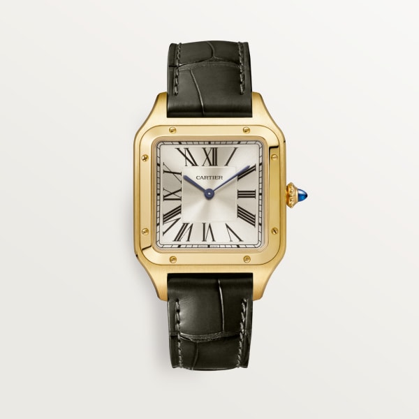 Santos-Dumont Großes Modell, mechanisches Uhrwerk mit Handaufzug, Gelbgold, Leder