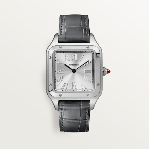 Reloj Santos-Dumont Tamaño grande, movimiento mecánico de cuerda manual, platino, piel