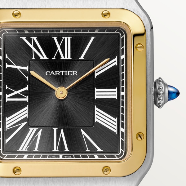 Santos-Dumont Großes Modell, mechanisches Uhrwerk mit Handaufzug, Gelbgold, Stahl, Leder