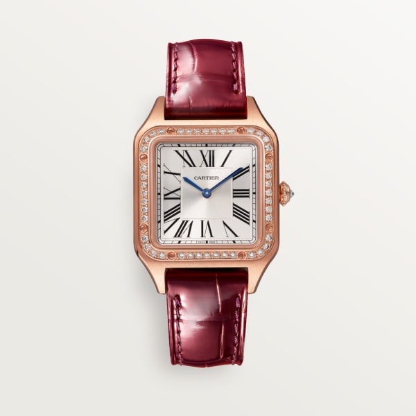 Reloj Santos-Dumont Tamaño pequeño, movimiento de cuarzo, oro rosa, diamantes, piel