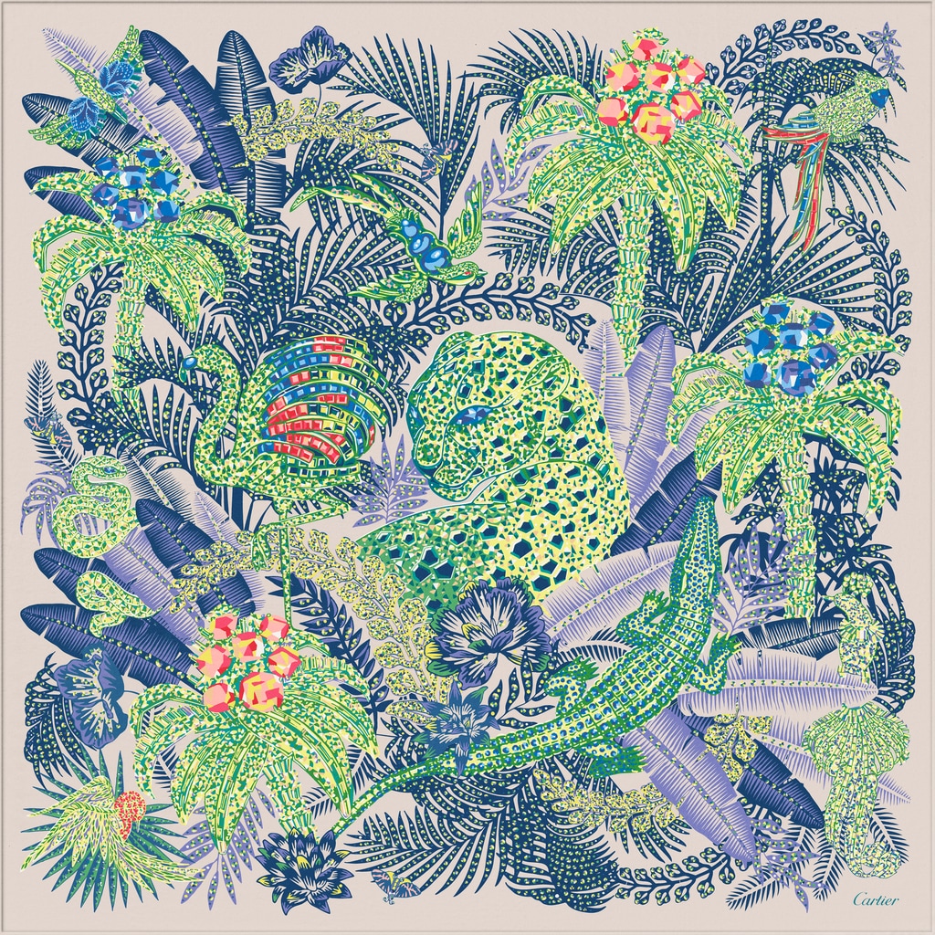 Panther Jungle motif square 90Green and beige silk twill