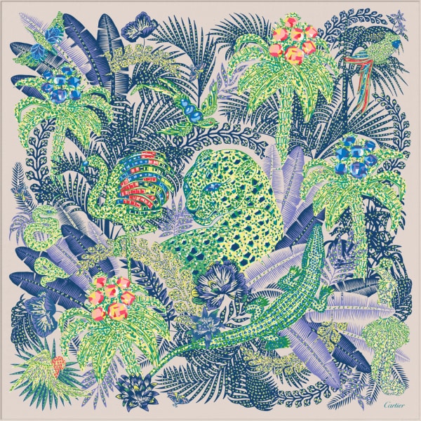 Panther Jungle motif square 90 Green and beige silk twill