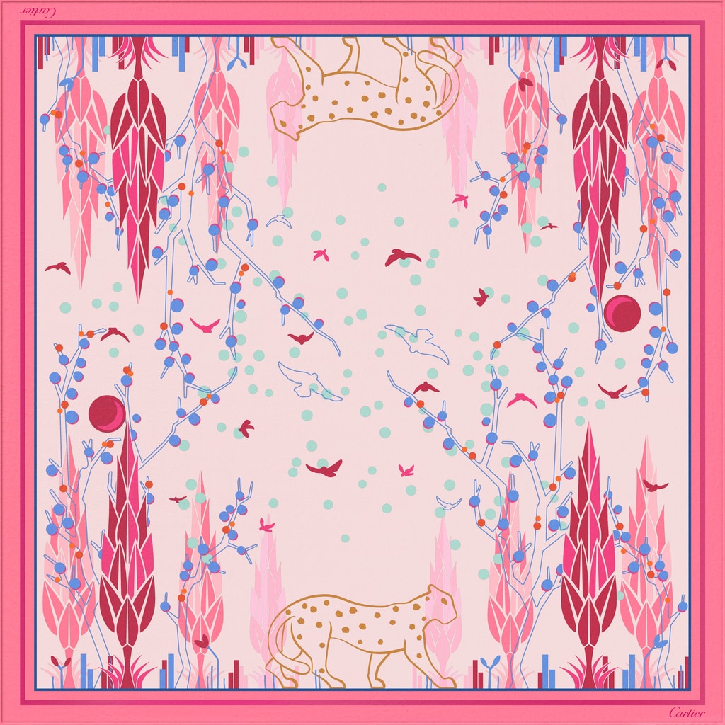 Panther Garden motif square 90Light pink silk twill