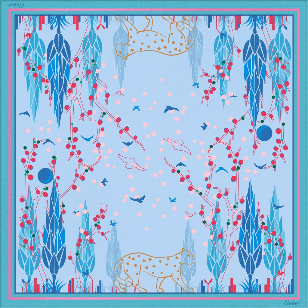 Panther Garden motif square 90Light blue silk twill