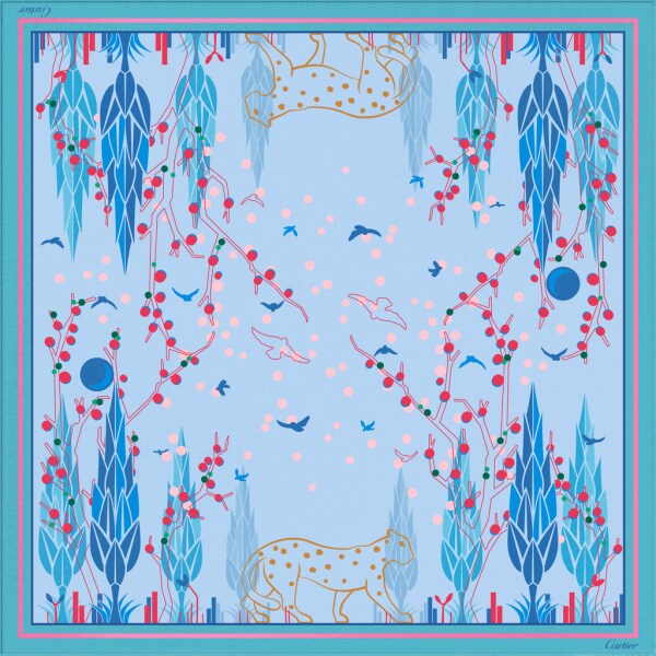 Panther Garden motif square 90 Light blue silk twill