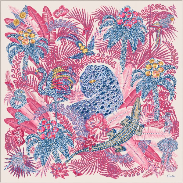 Panther Jungle motif square 90 Pink and beige silk twill