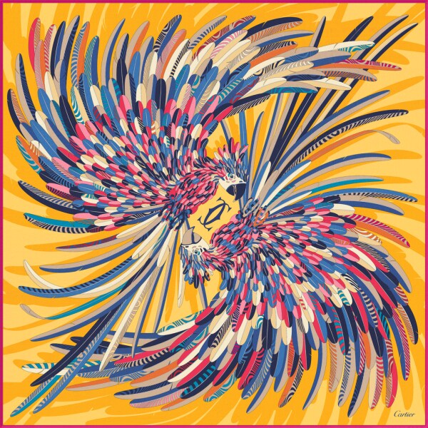 Parrot motif square 90 Yellow silk twill