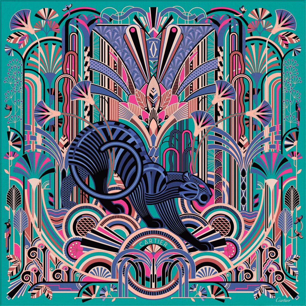 Panthère Art Déco motif square 90Turquoise and purple silk twill