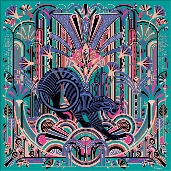 Panthère Art Déco motif square 90 Turquoise and purple silk twill