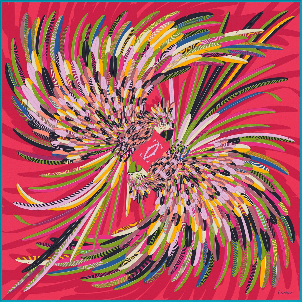 Parrot motif square 90Red silk twill