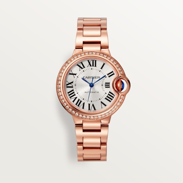 Ballon Bleu de Cartier watch 33 mm, mechanical movement with automatic winding, rose gold, diamonds