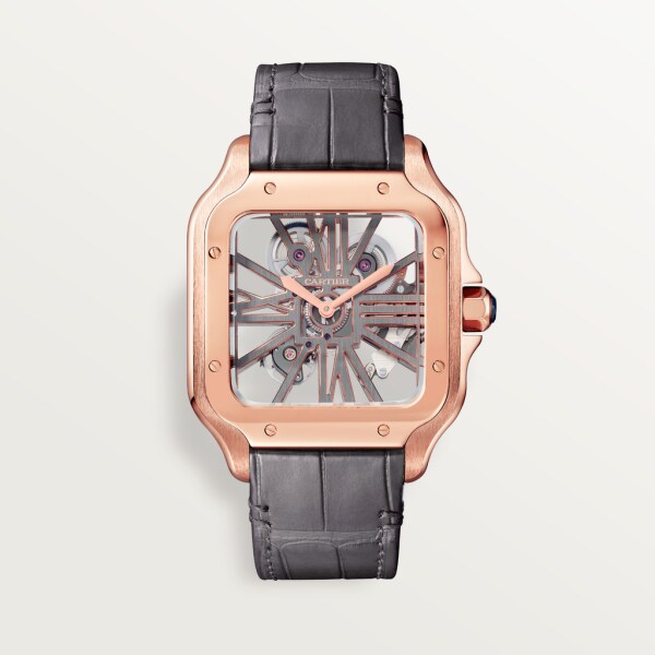 Santos de Cartier Großes Modell, mechanisches Uhrwerk mit Handaufzug, Roségold, Leder