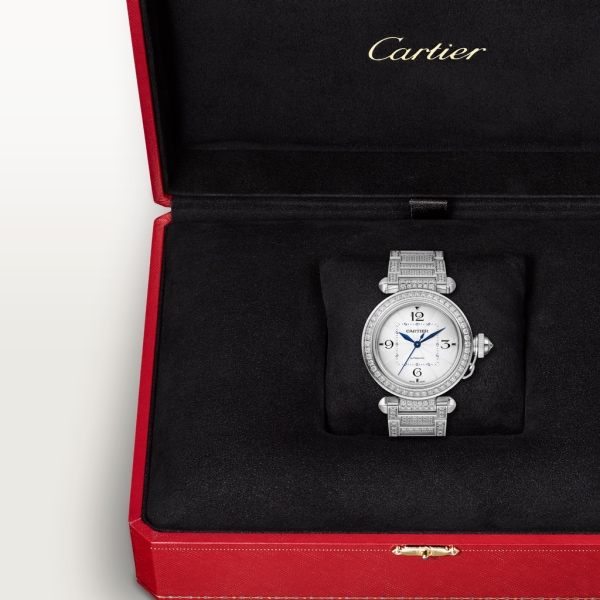 Reloj Pasha de Cartier 35 mm, movimiento automático, oro blanco, diamantes