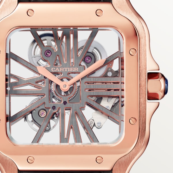 Reloj Santos de Cartier Tamaño grande, movimiento mecánico de cuerda manual, oro rosa, piel