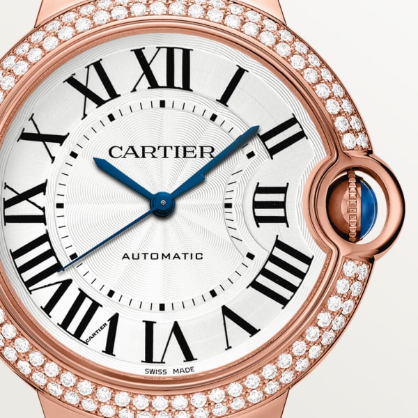 Montre Ballon Bleu de Cartier 36mm, mouvement automatique, or rose, diamants, cuir