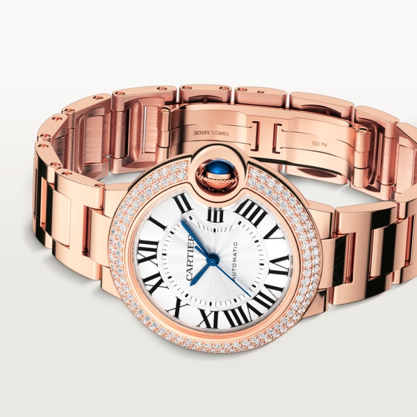 Reloj Ballon Bleu de Cartier 33 mm, movimiento mecánico de carga automática, oro rosa, diamantes