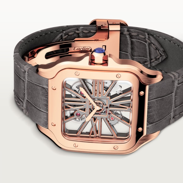 Santos de Cartier Großes Modell, mechanisches Uhrwerk mit Handaufzug, Roségold, Leder