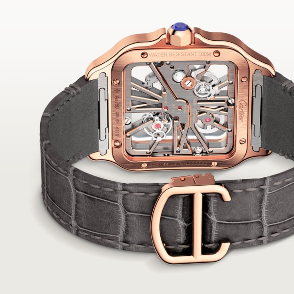 Reloj Santos de Cartier Tamaño grande, movimiento mecánico de cuerda manual, oro rosa, piel