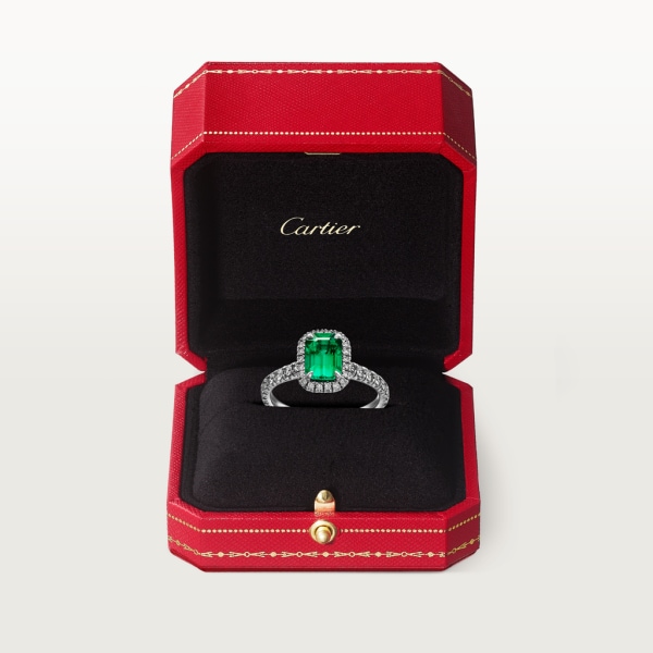 Solitaire Cartier Destinée pierre de couleur Platine, émeraude, diamants