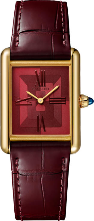 Tank Louis Cartier watch Large model, hand-wound mechanical movement, yellow gold, leather