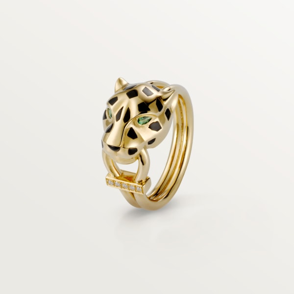 Panthère de Cartier ring Yellow gold, lacquer, diamonds, tsavorite garnet